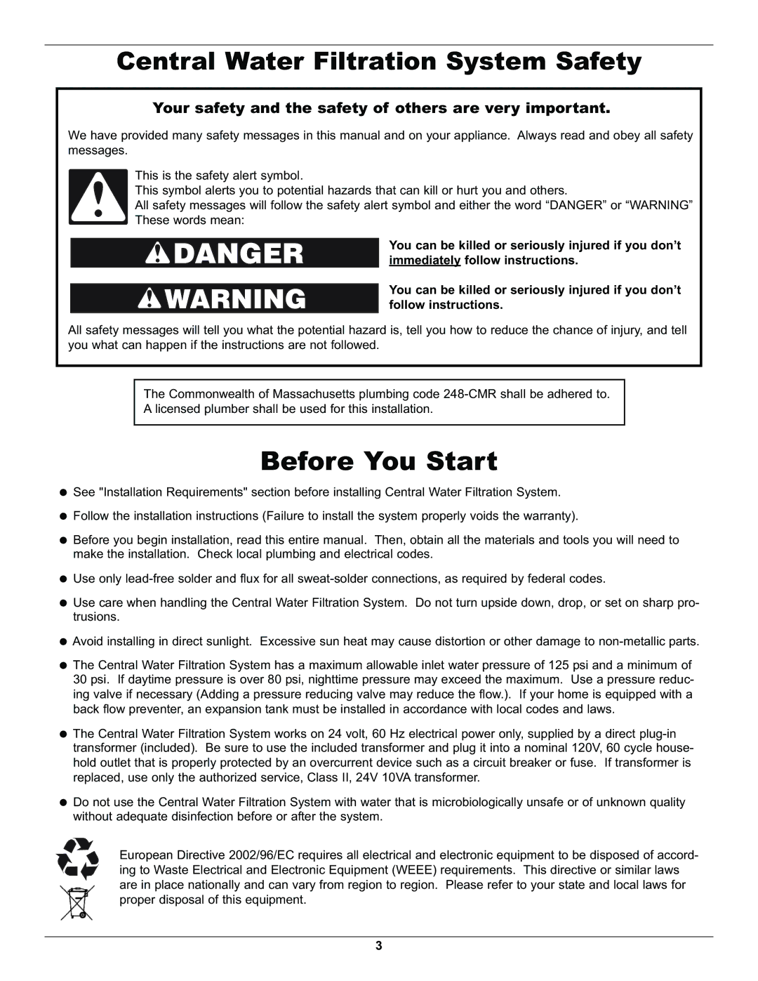 Whirlpool WHELJ1 manual Central Water Filtration System Safety, Your safety and the safety of others are very important 