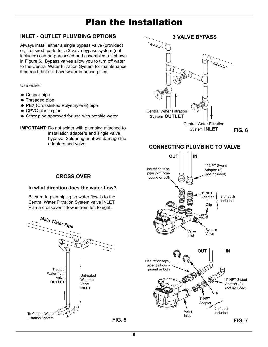Whirlpool WHELJ1 manual Plan the Installation, Inlet - Outlet Plumbing Options, Valve Bypass, Connecting Plumbing To Valve 
