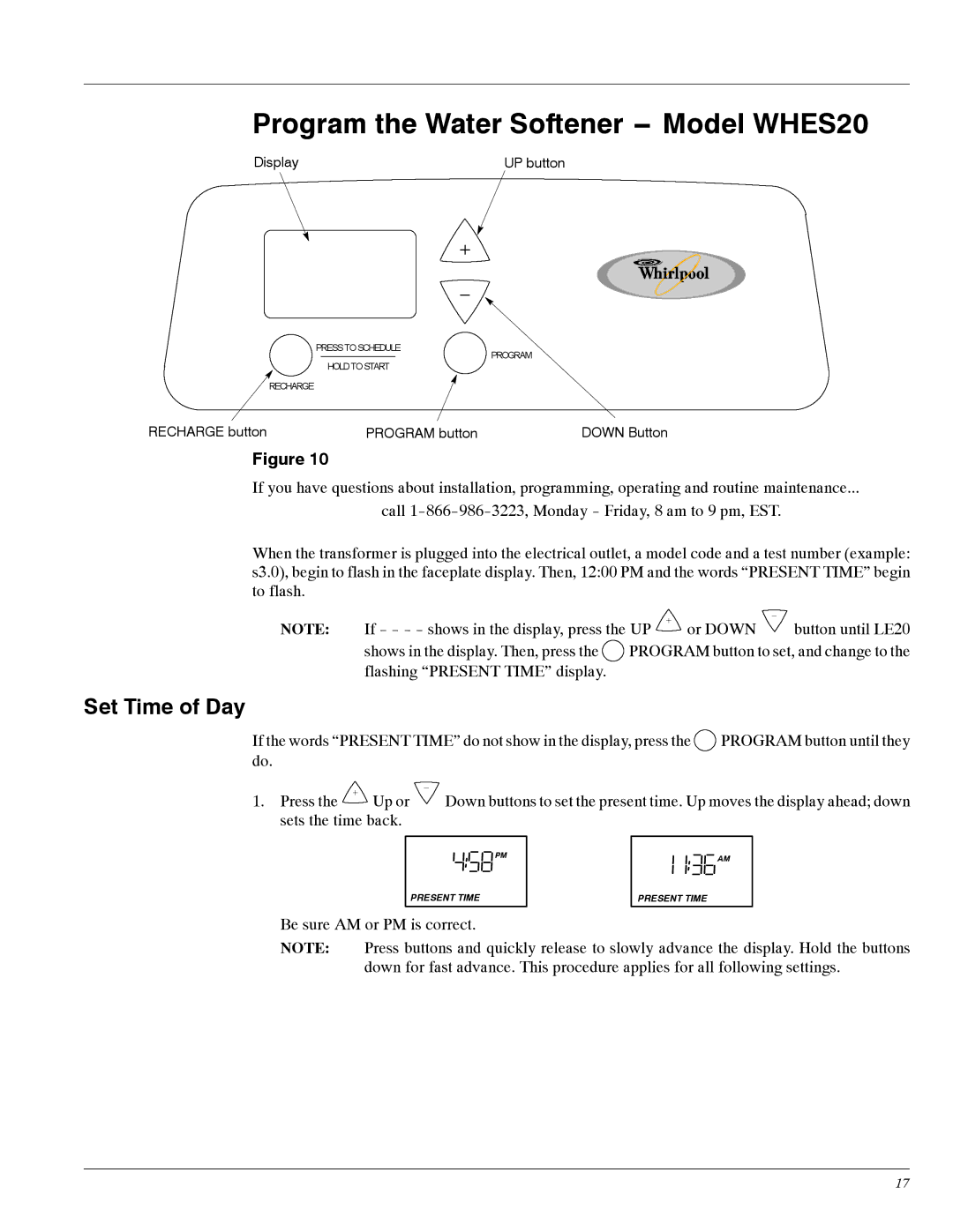 Whirlpool WHES30 manual Program the Water Softener -- Model WHES20, Set Time of Day 