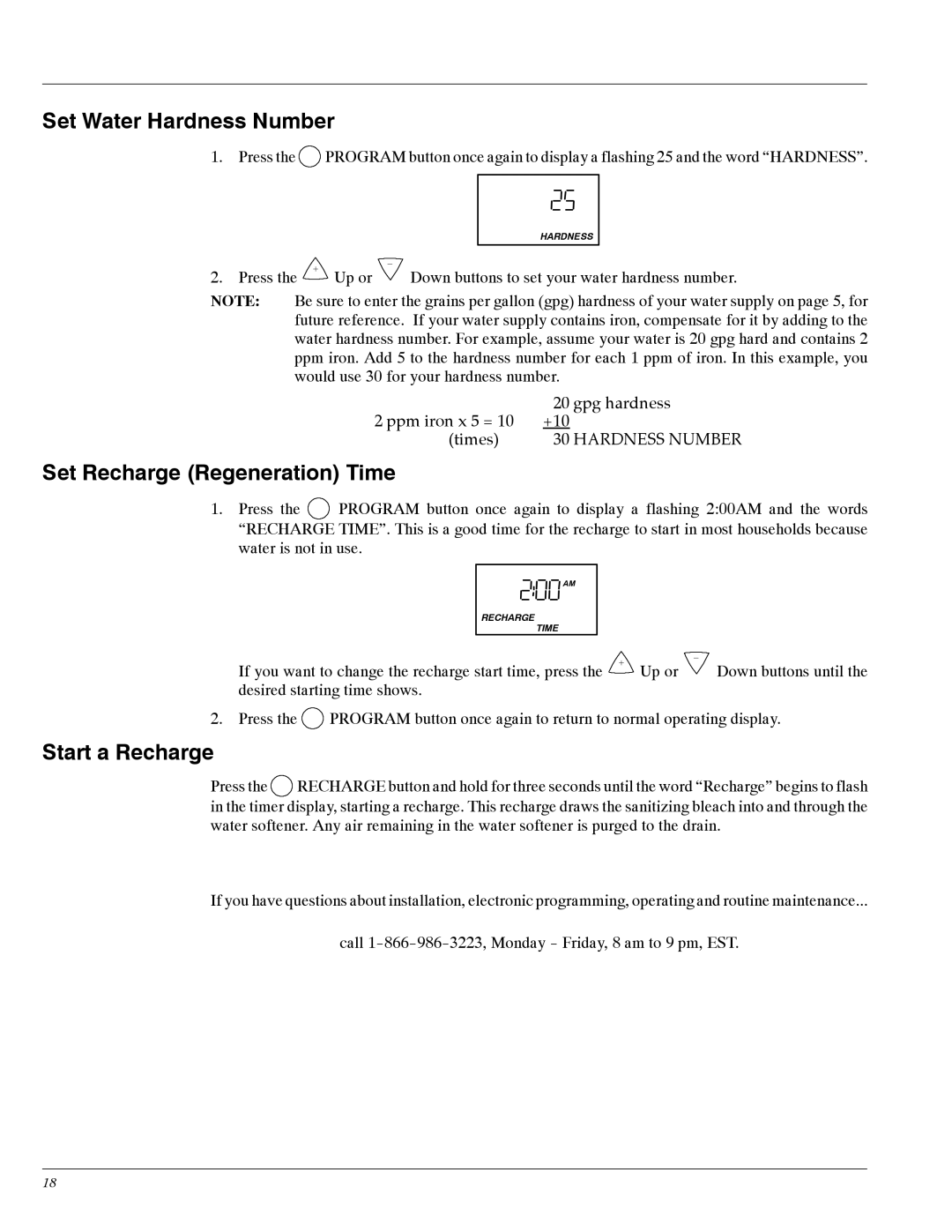 Whirlpool WHES30, WHES20 manual Set Water Hardness Number, Set Recharge Regeneration Time, Start a Recharge 