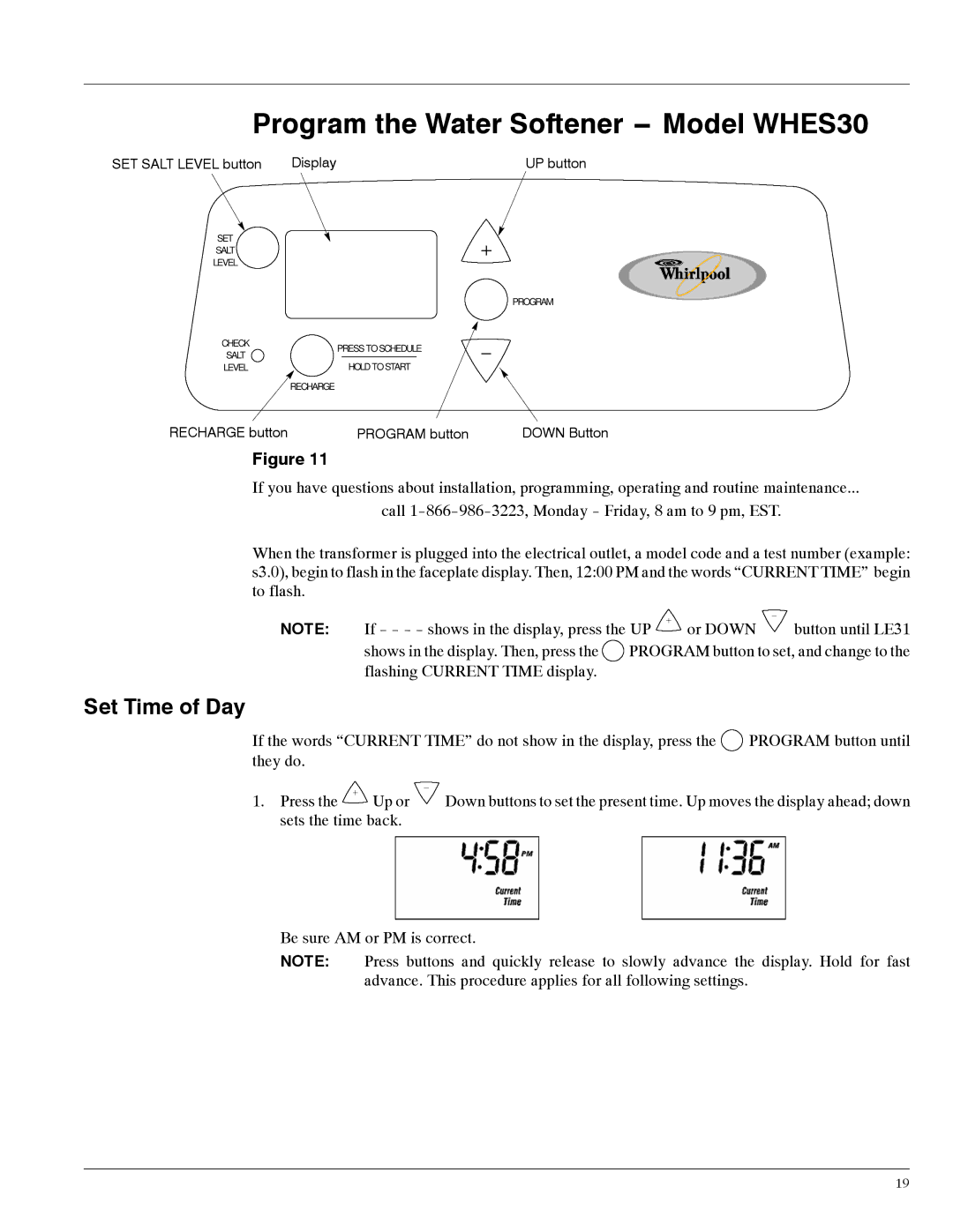 Whirlpool WHES20 manual Program the Water Softener -- Model WHES30, SET Salt Level button Display 