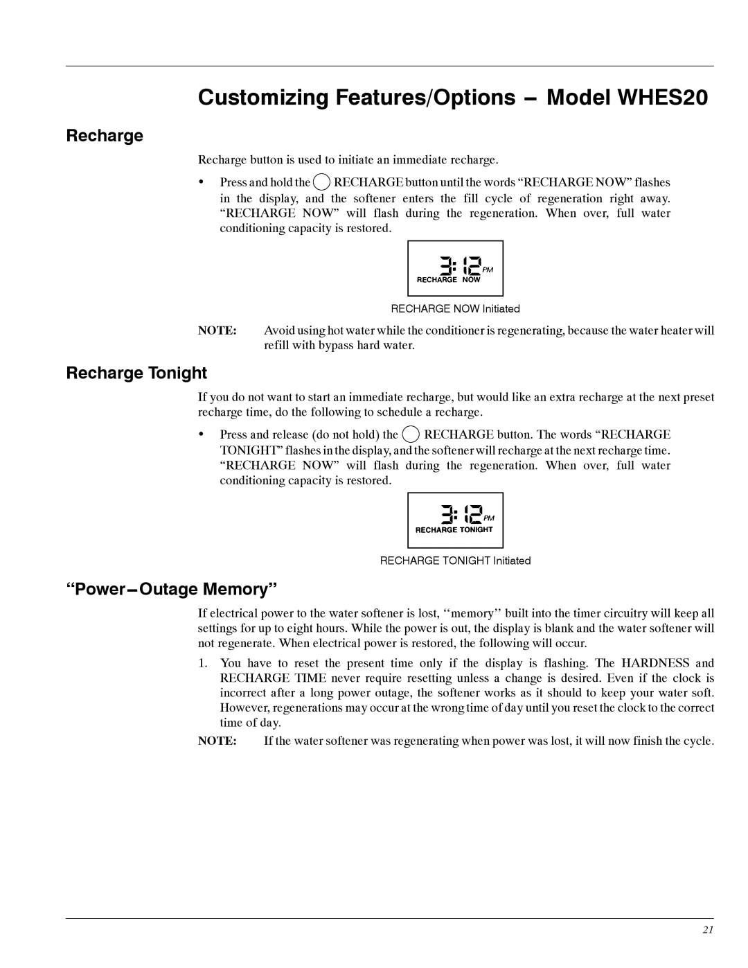 Whirlpool WHES30 manual Customizing Features/Options -- Model WHES20, Recharge Tonight, ‘‘Power---Outage Memory’’ 