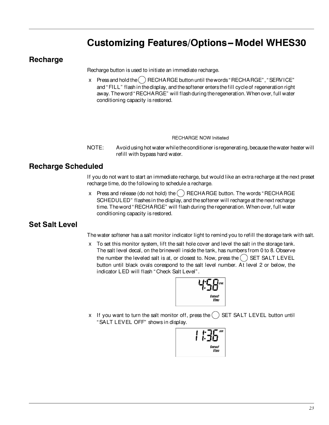 Whirlpool WHES20 manual Customizing Features/Options-- Model WHES30, Recharge Scheduled, Set Salt Level 