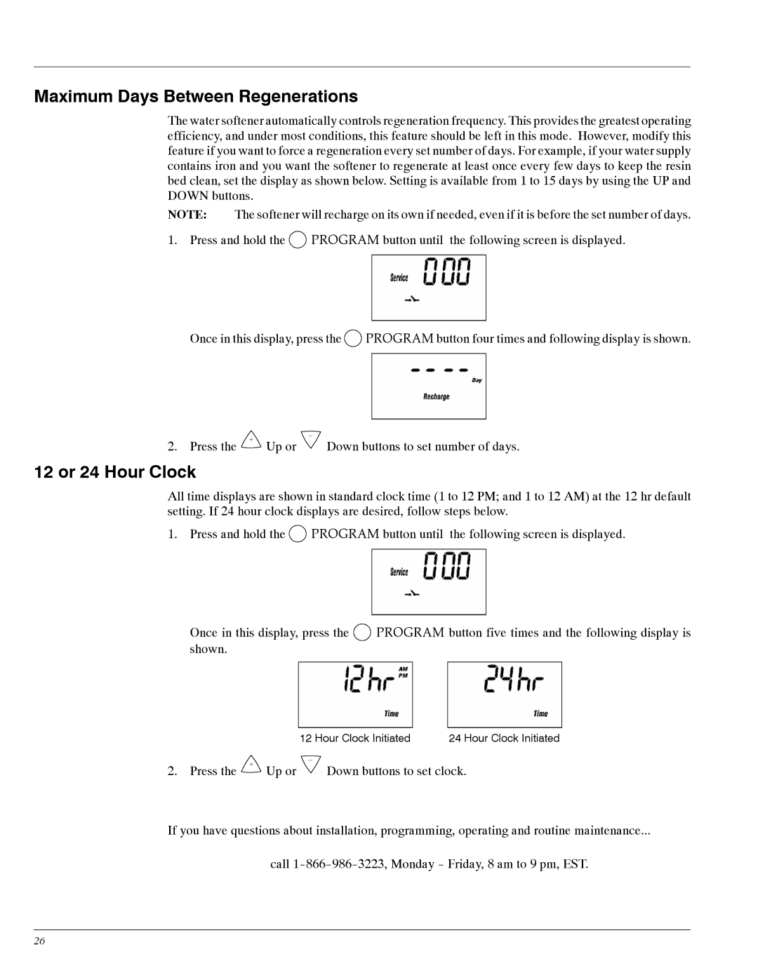 Whirlpool WHES30, WHES20 manual Maximum Days Between Regenerations, 12 or 24 Hour Clock 