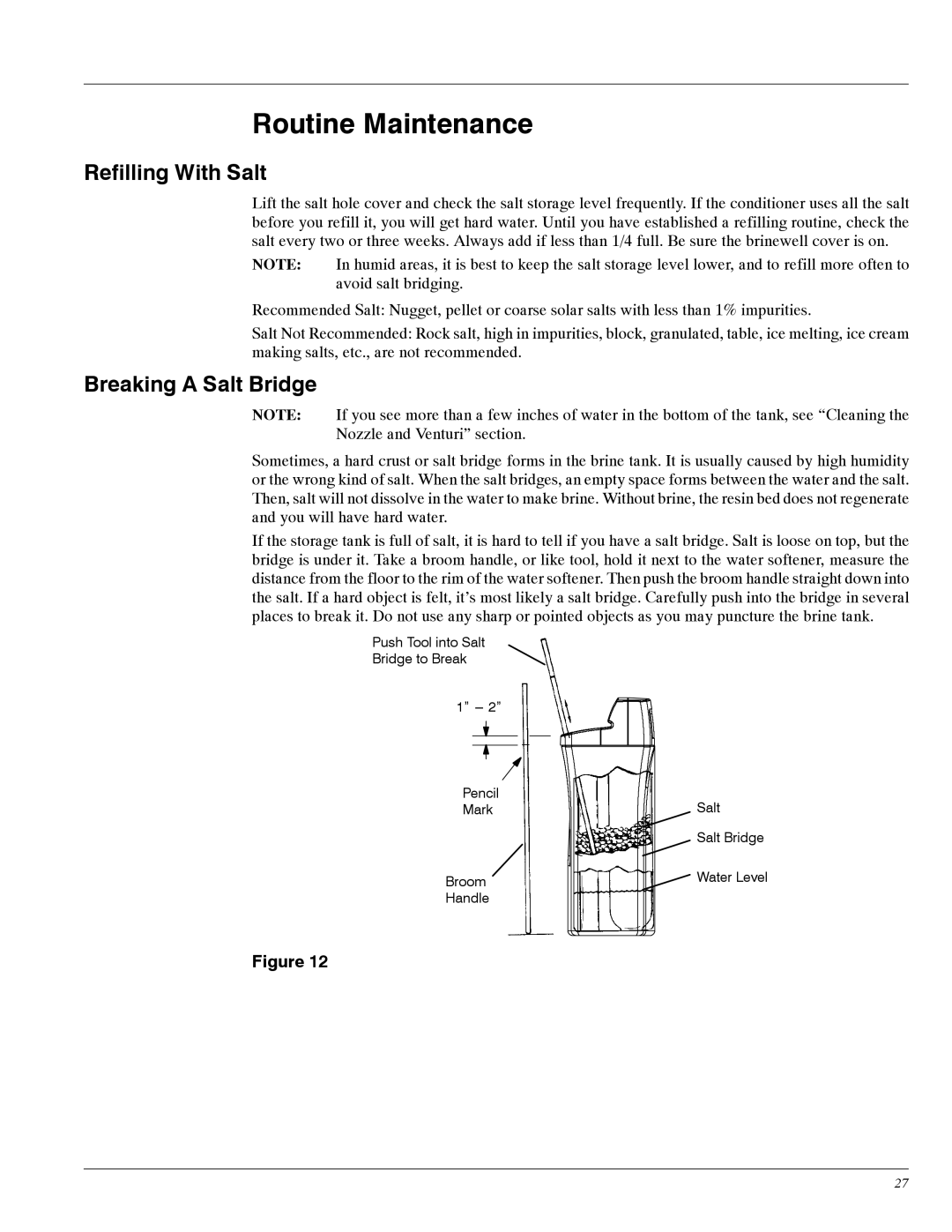 Whirlpool WHES20, WHES30 manual Routine Maintenance, Refilling With Salt, Breaking a Salt Bridge 