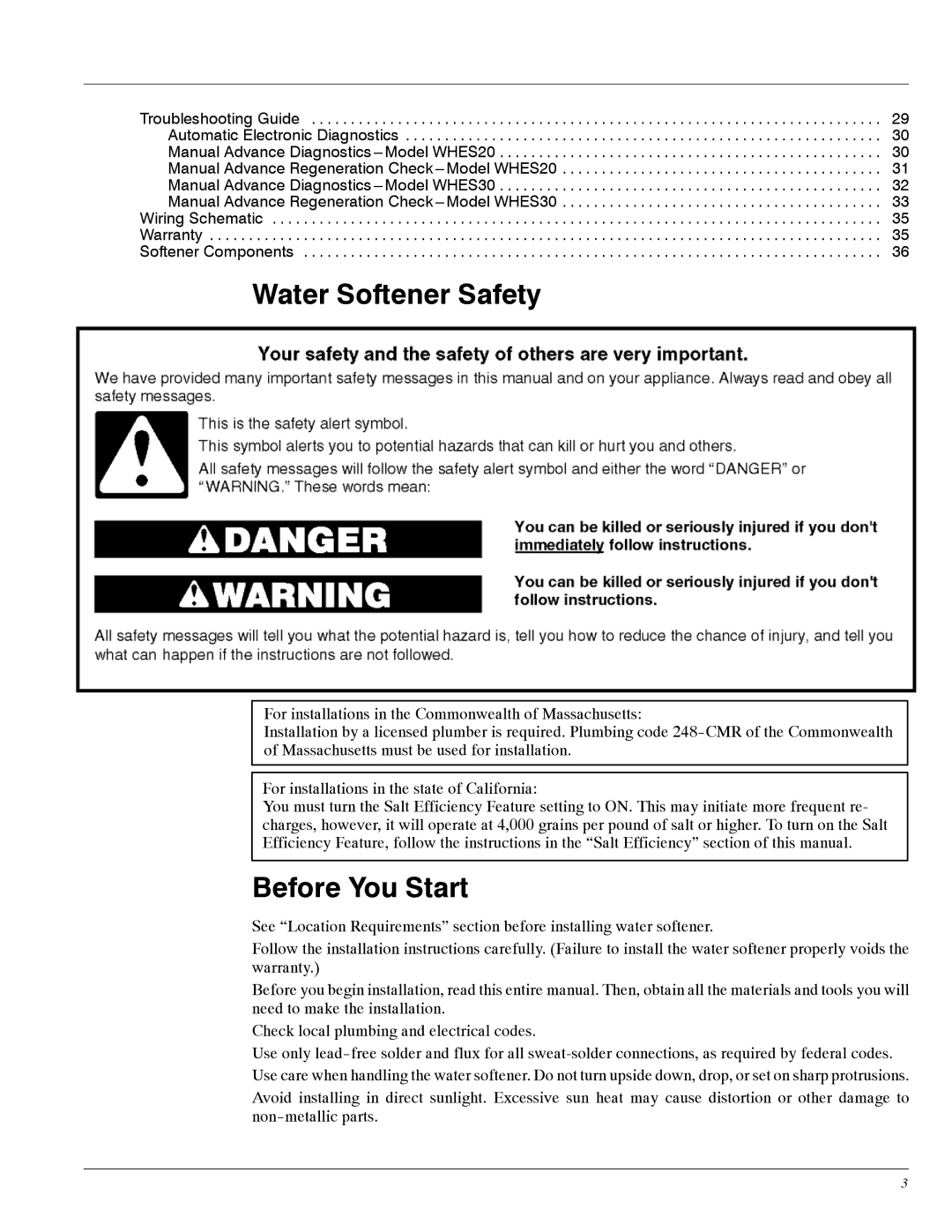 Whirlpool WHES20, WHES30 manual Water Softener Safety, Before You Start 