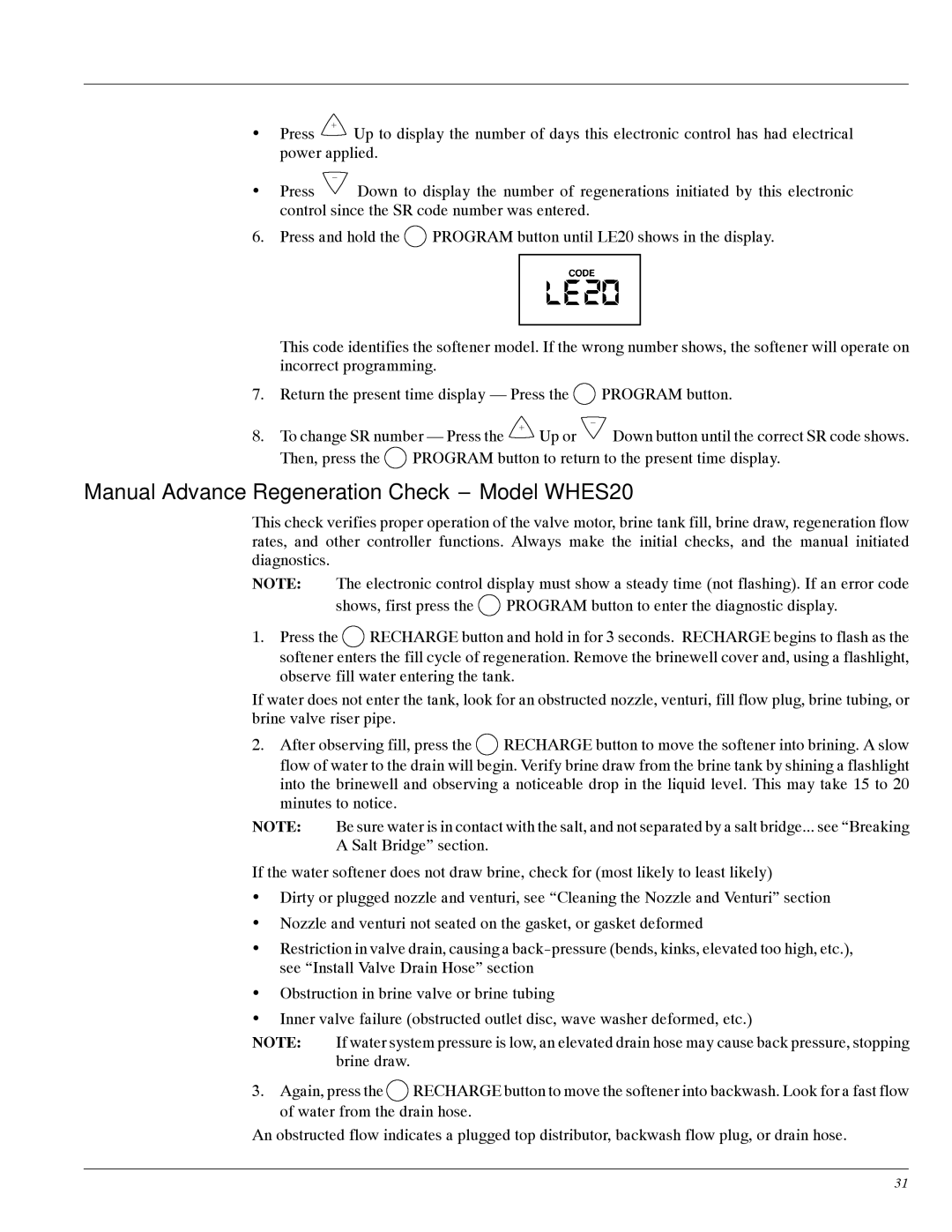 Whirlpool WHES30 manual Manual Advance Regeneration Check --- Model WHES20 