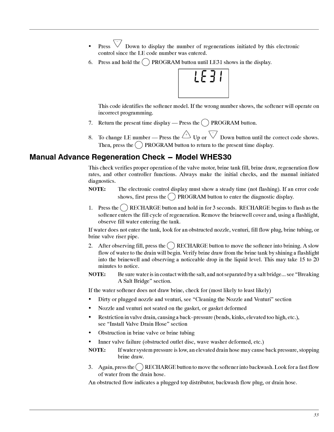 Whirlpool WHES20 manual Manual Advance Regeneration Check --- Model WHES30 