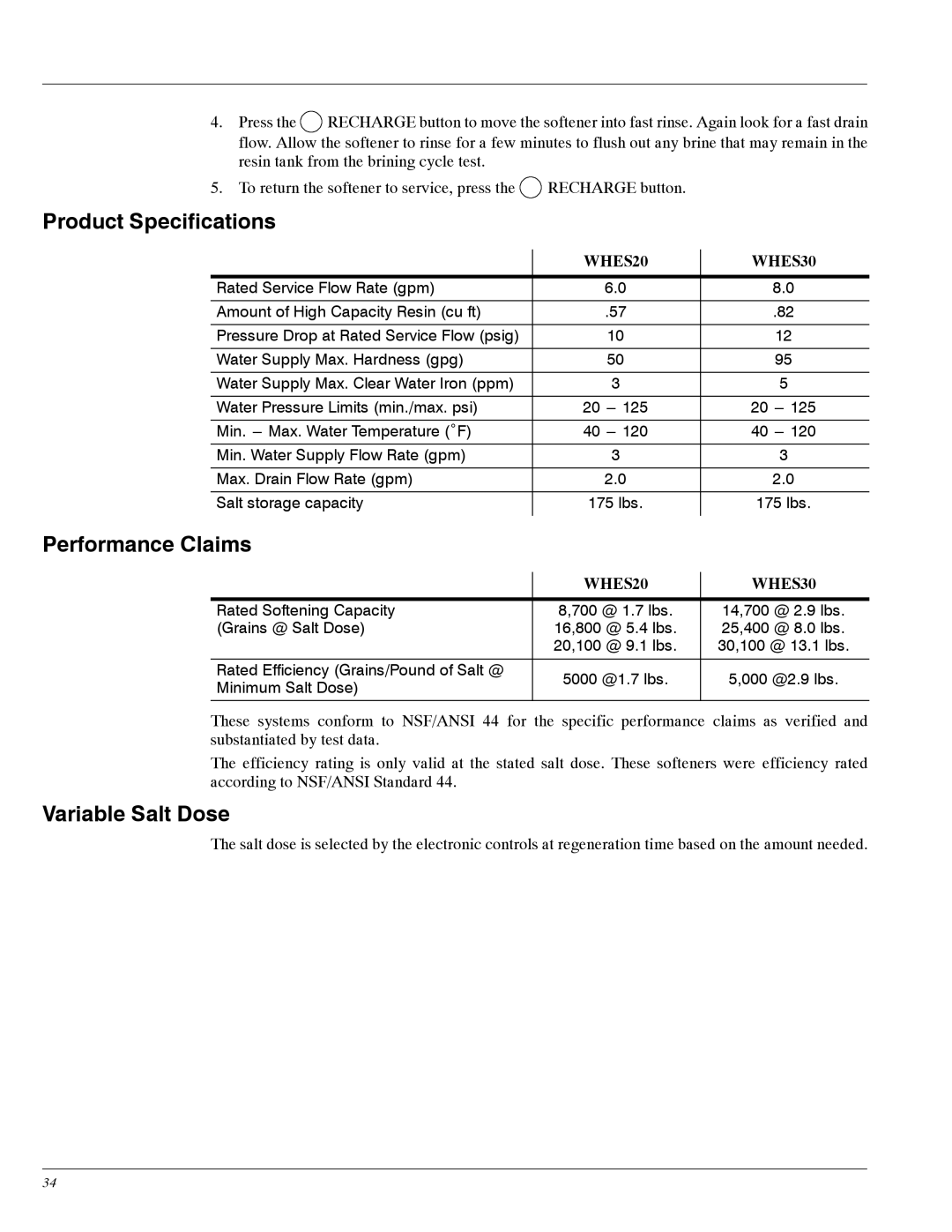 Whirlpool WHES30, WHES20 manual Product Specifications, Performance Claims, Variable Salt Dose 