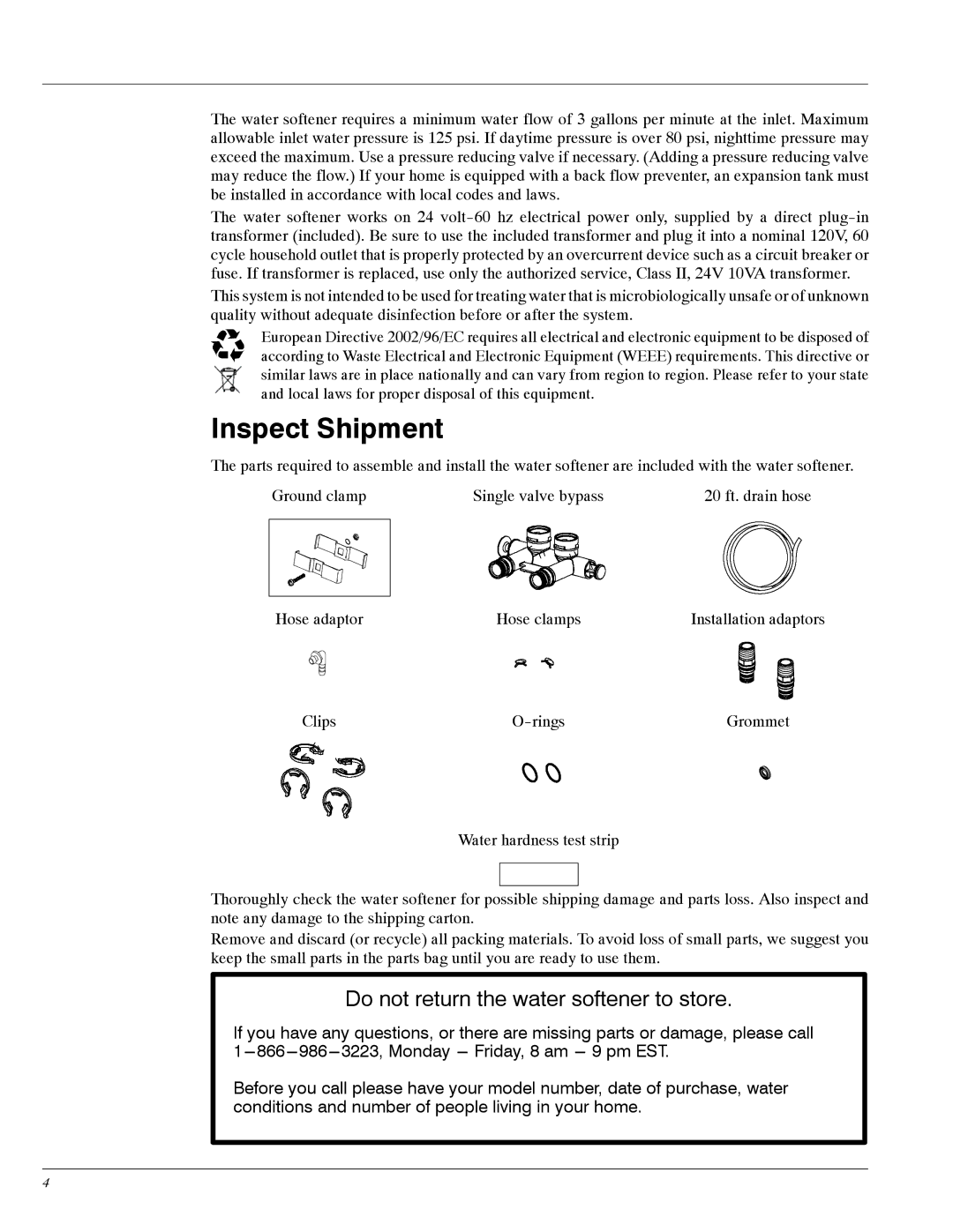 Whirlpool WHES30, WHES20 manual Inspect Shipment, Do not return the water softener to store 