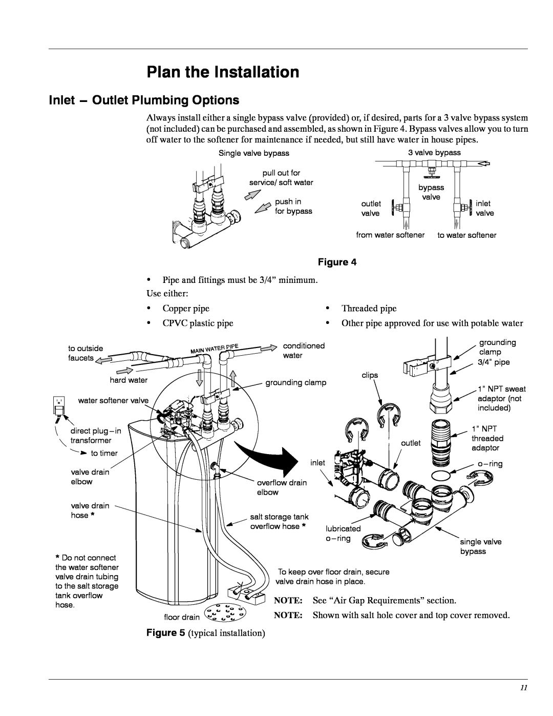 Whirlpool WHES20 manual Plan the Installation, Inlet ---Outlet Plumbing Options, Figure, See “Air Gap Requirements” section 