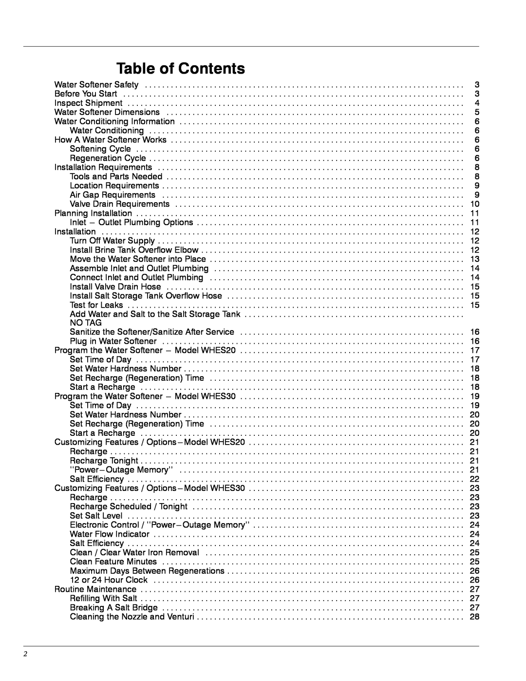 Whirlpool WHES30, WHES20 manual Table of Contents 