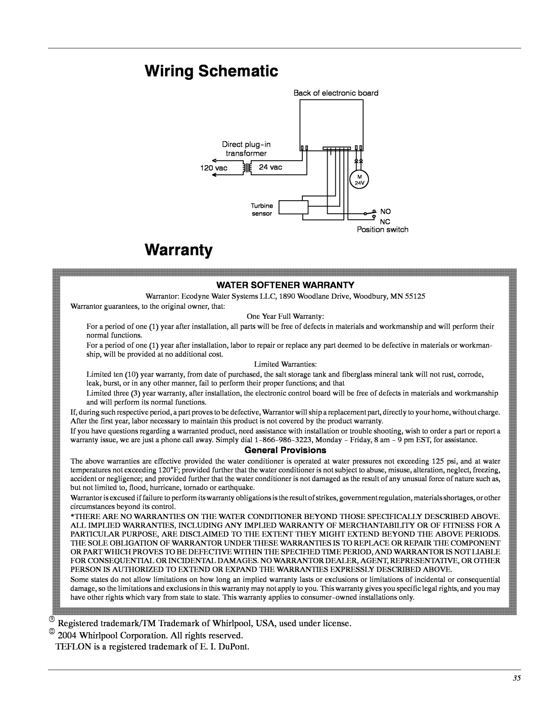 Whirlpool WHES20, WHES30 Wiring Schematic, TEFLON is a registered trademark of E. I. DuPont, Water Softener Warranty 