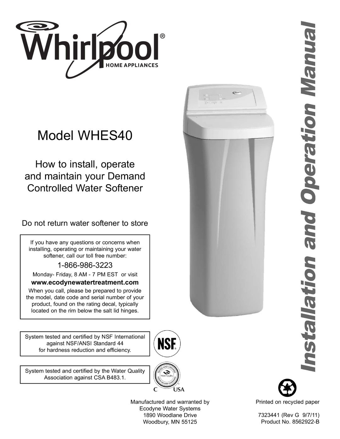 Whirlpool operation manual Model WHES40 