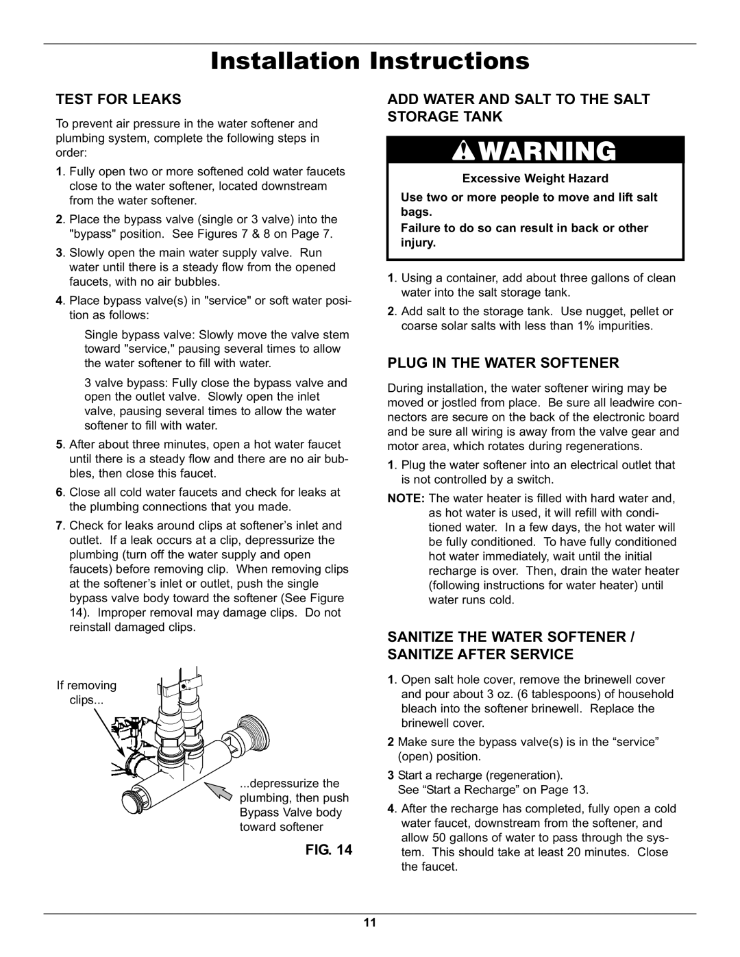 Whirlpool WHES40 operation manual Test for Leaks, ADD Water and Salt to the Salt Storage Tank, Plug in the Water Softener 