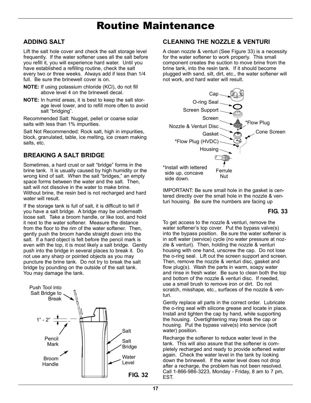 Whirlpool WHES40 operation manual Routine Maintenance, Adding Salt, Breaking a Salt Bridge, Cleaning the Nozzle & Venturi 