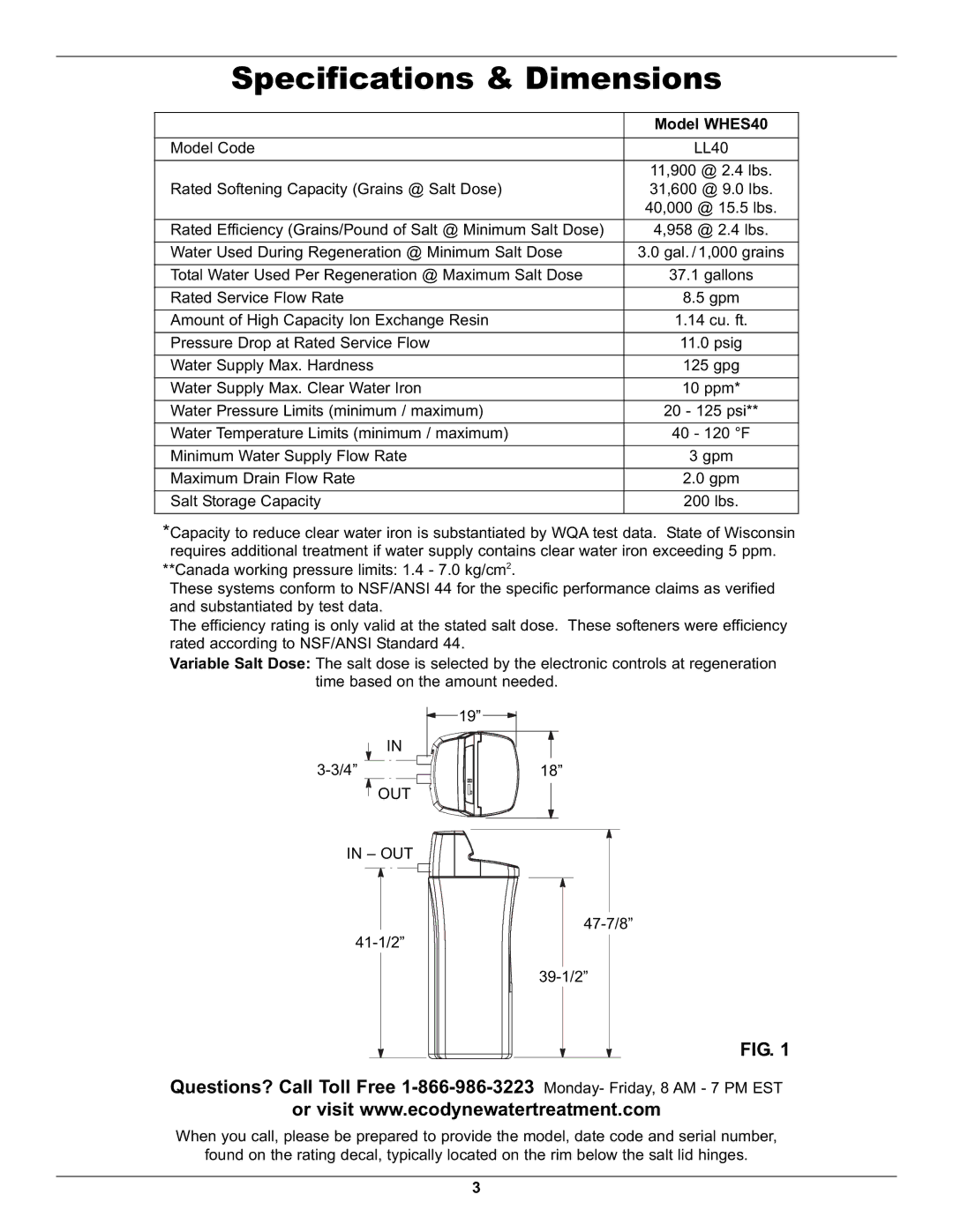 Whirlpool WHES40 operation manual Specifications & Dimensions, Salt Storage Capacity 200 lbs 