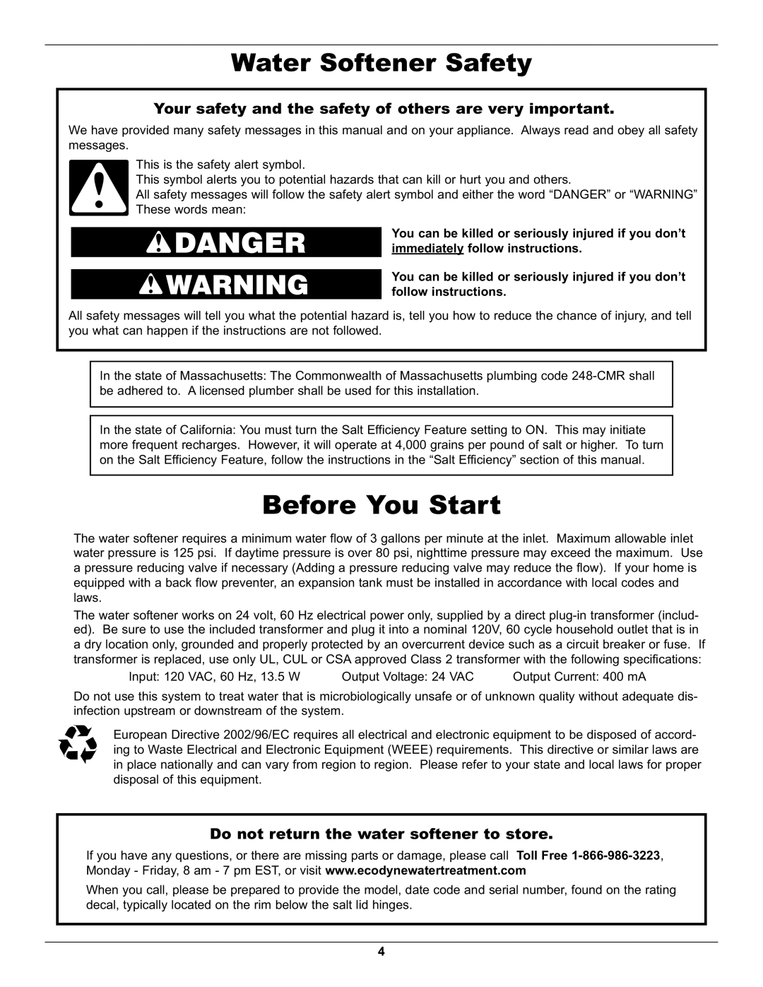 Whirlpool WHES40 operation manual Water Softener Safety, Your safety and the safety of others are very important 