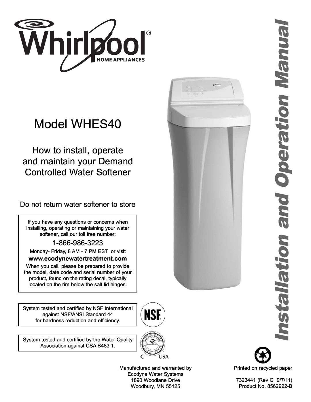 Whirlpool operation manual Do not return water softener to store, Model WHES40, How to install, operate 