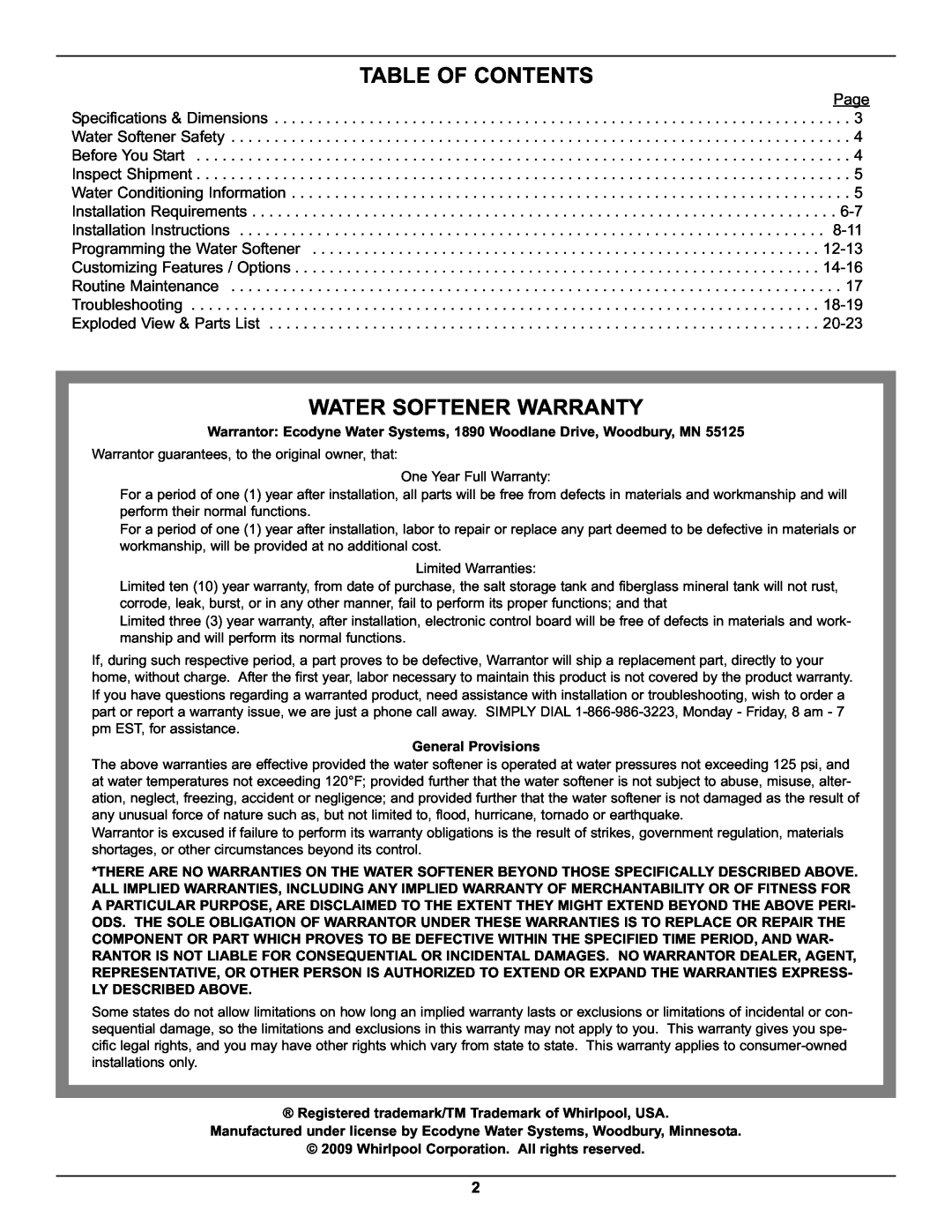 Whirlpool WHES40 operation manual Table Of Contents, Water Softener Warranty 