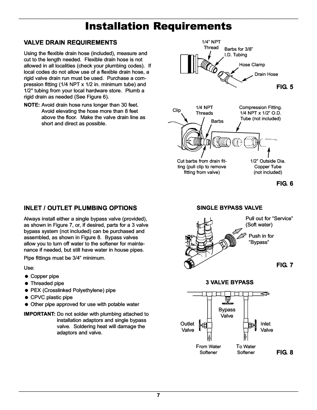 Whirlpool WHES40 Valve Drain Requirements, Inlet / Outlet Plumbing Options, Single Bypass Valve, Valve Bypass 