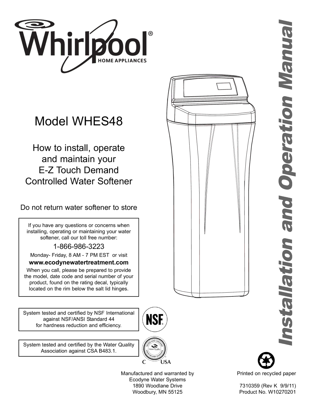 Whirlpool operation manual Model WHES48 