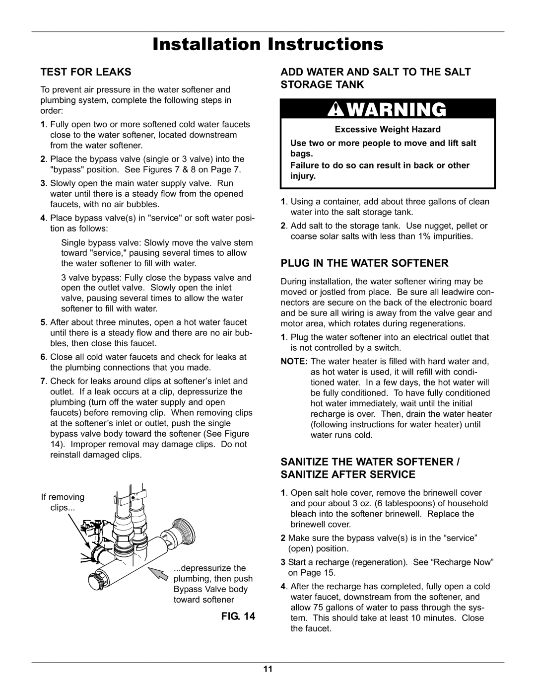 Whirlpool WHES48 operation manual Test for Leaks, ADD Water and Salt to the Salt Storage Tank, Plug in the Water Softener 