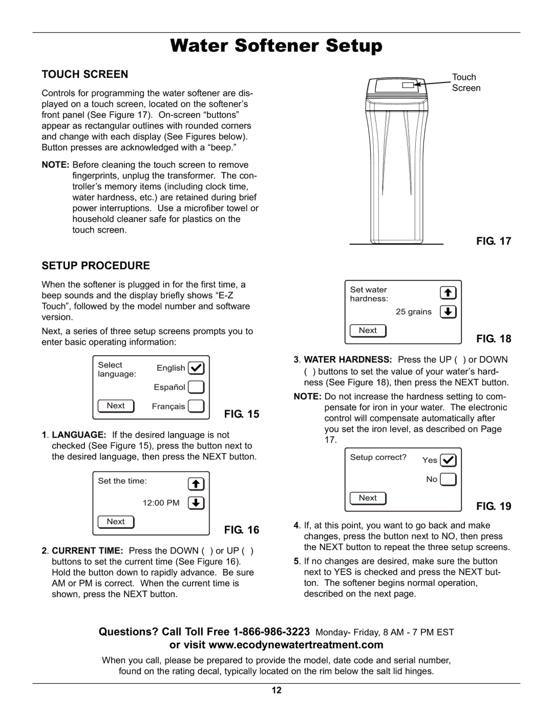 Whirlpool WHES48 operation manual Water Softener Setup, Touch Screen, Setup Procedure 