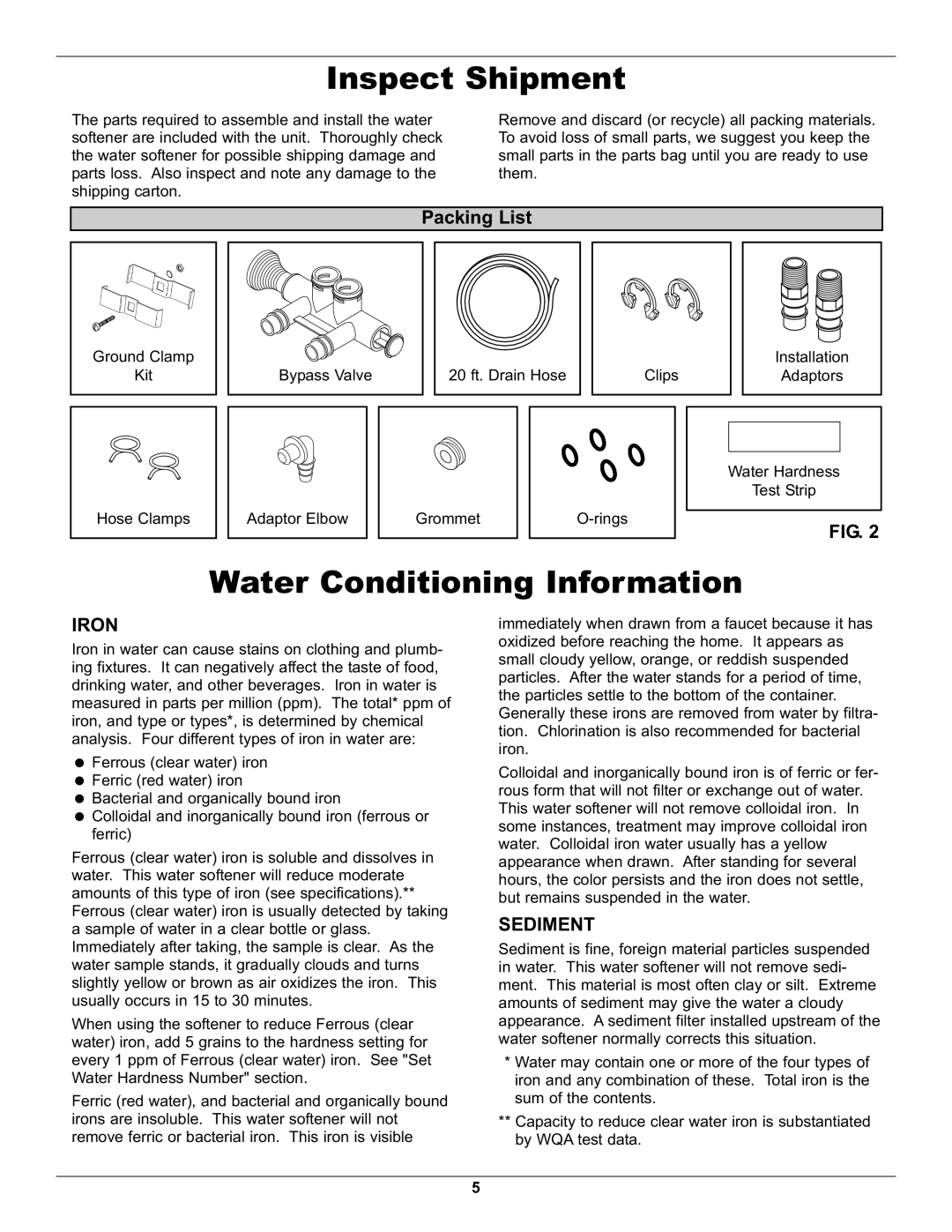 Whirlpool WHES48 operation manual Inspect Shipment, Water Conditioning Information, Iron, Sediment 