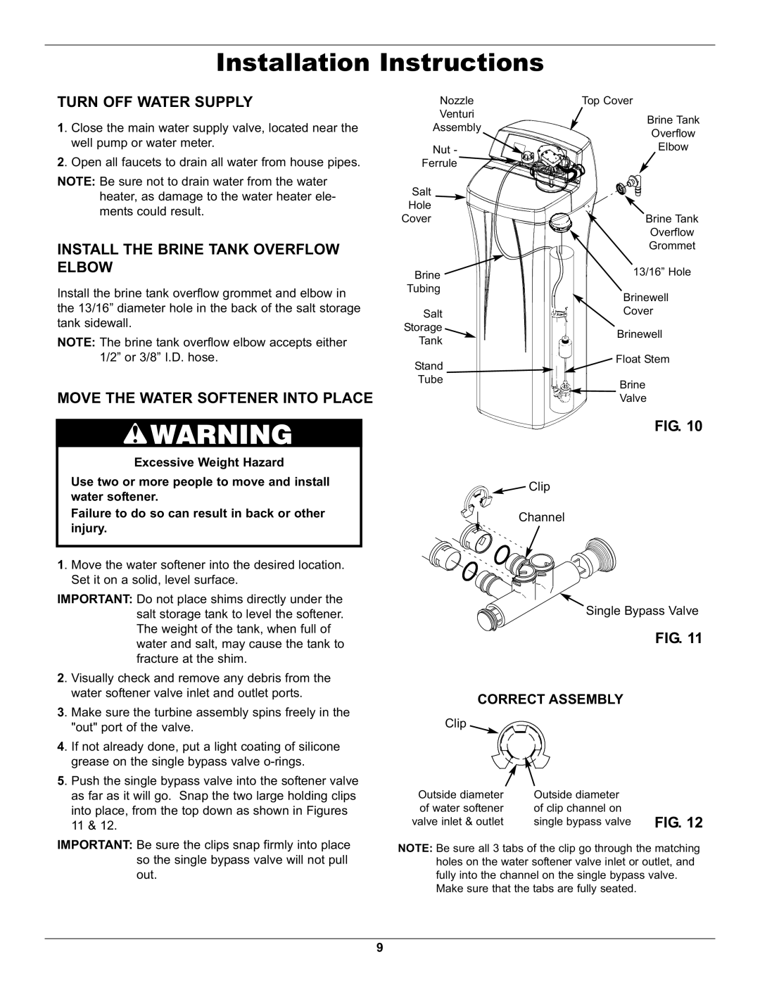 Whirlpool WHES48 Turn OFF Water Supply, Install the Brine Tank Overflow Elbow, Move the Water Softener Into Place 