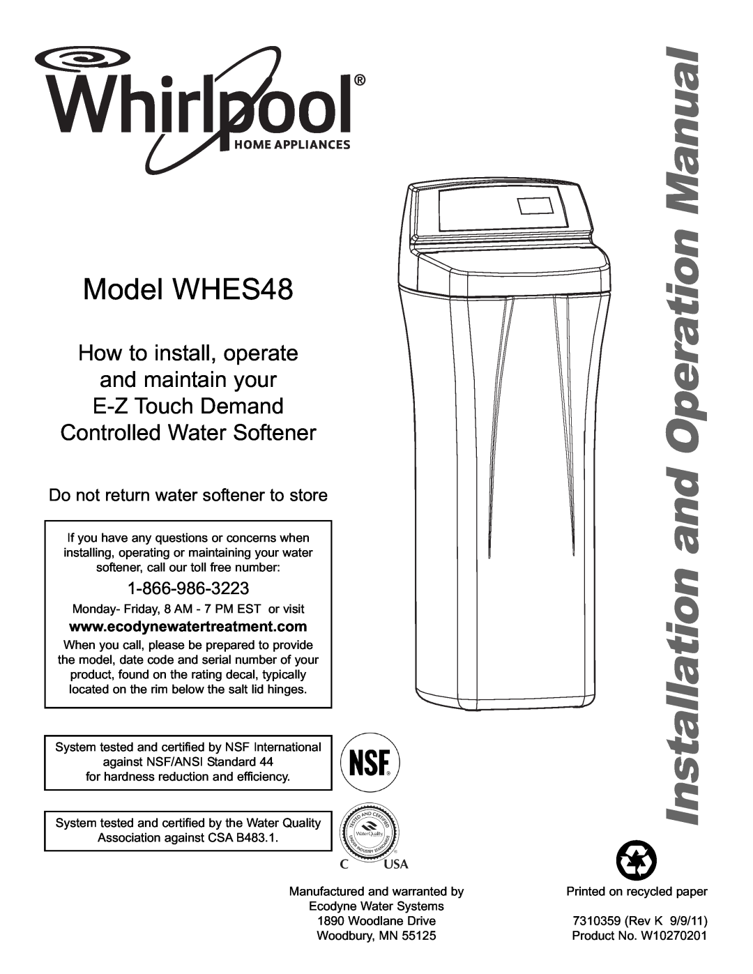 Whirlpool operation manual Model WHES48, How to install, operate, Do not return water softener to store 
