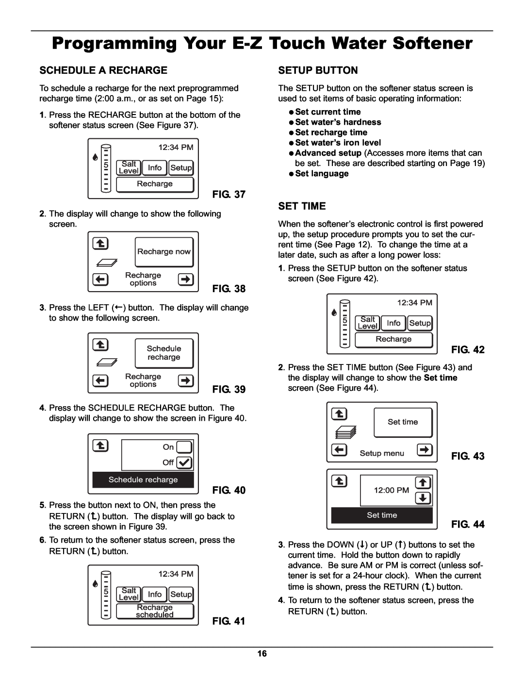 Whirlpool WHES48 Schedule A Recharge, Setup Button, Set Time, Programming Your E-ZTouch Water Softener, Fig. Fig 