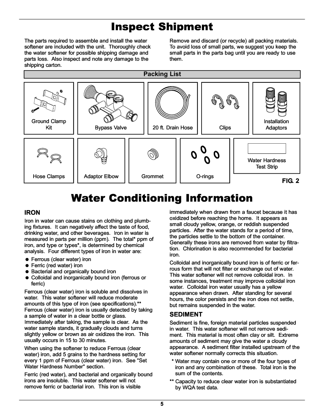 Whirlpool WHES48 operation manual Inspect Shipment, Water Conditioning Information, Iron, Sediment, Fig 