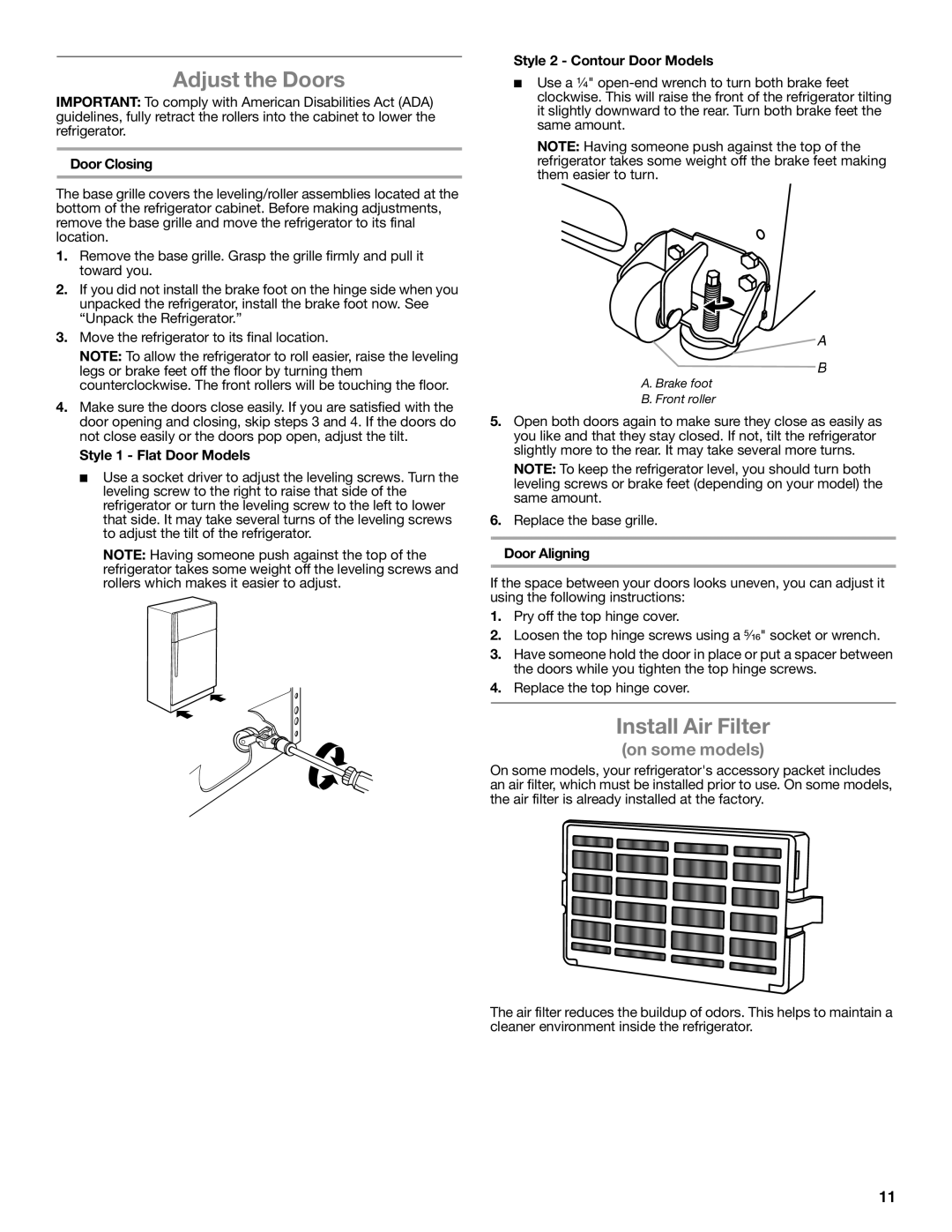 Whirlpool whirlpool manual Adjust the Doors, Install Air Filter 