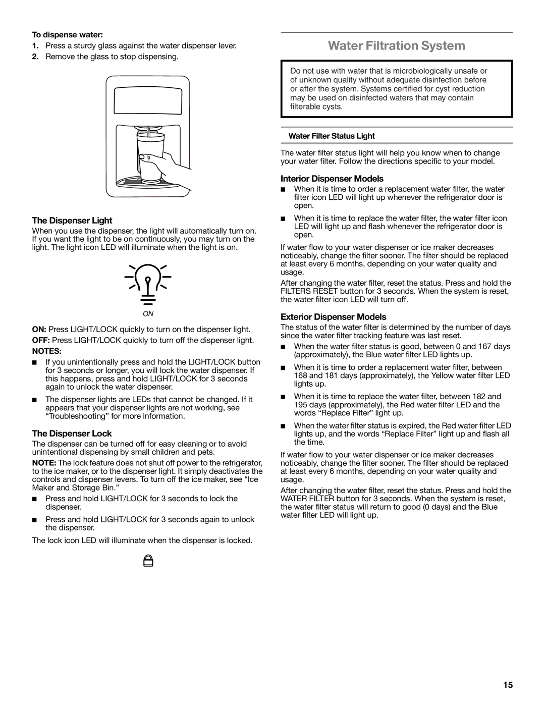 Whirlpool whirlpool manual Water Filtration System, Dispenser Light, Dispenser Lock, Interior Dispenser Models 