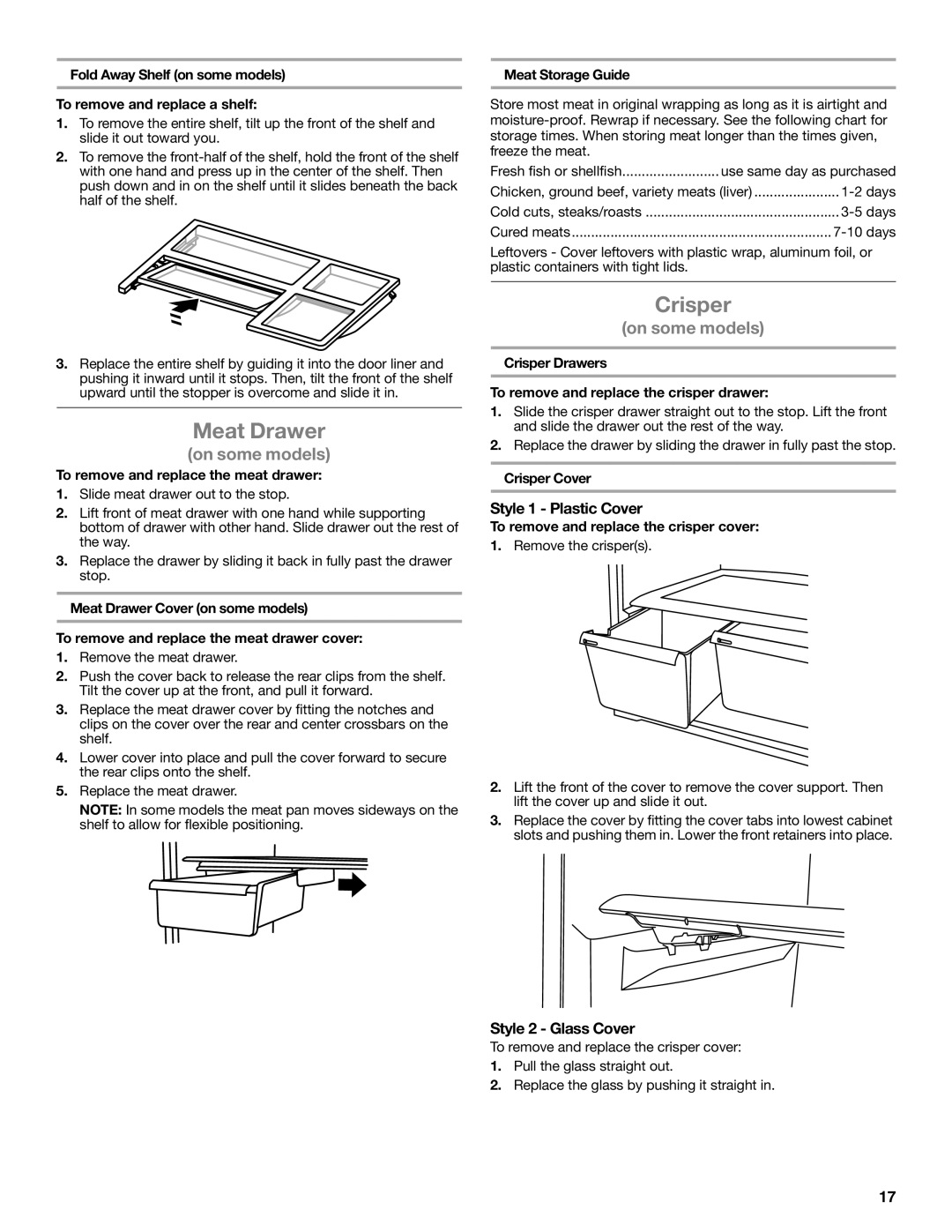 Whirlpool whirlpool manual Meat Drawer, Crisper, Style 1 Plastic Cover, Style 2 Glass Cover 