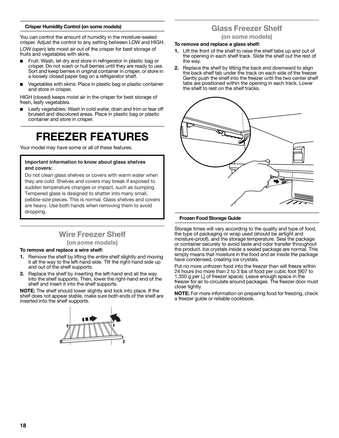 Whirlpool whirlpool manual Freezer Features, Wire Freezer Shelf, Glass Freezer Shelf 