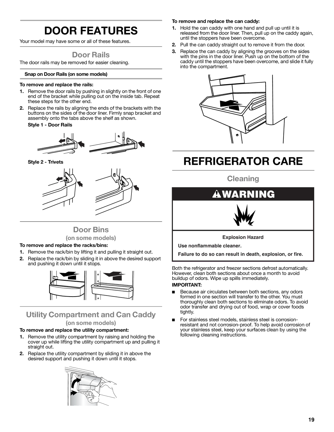 Whirlpool whirlpool manual Door Features, Refrigerator Care 