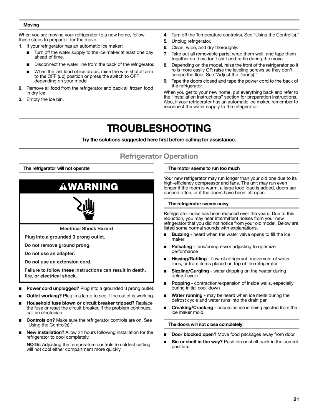 Whirlpool whirlpool manual Troubleshooting, Refrigerator Operation 