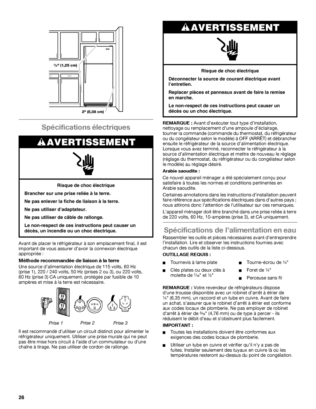 Whirlpool whirlpool manual Spécifications électriques, Spécifications de l’alimentation en eau, Arabie saoudite 