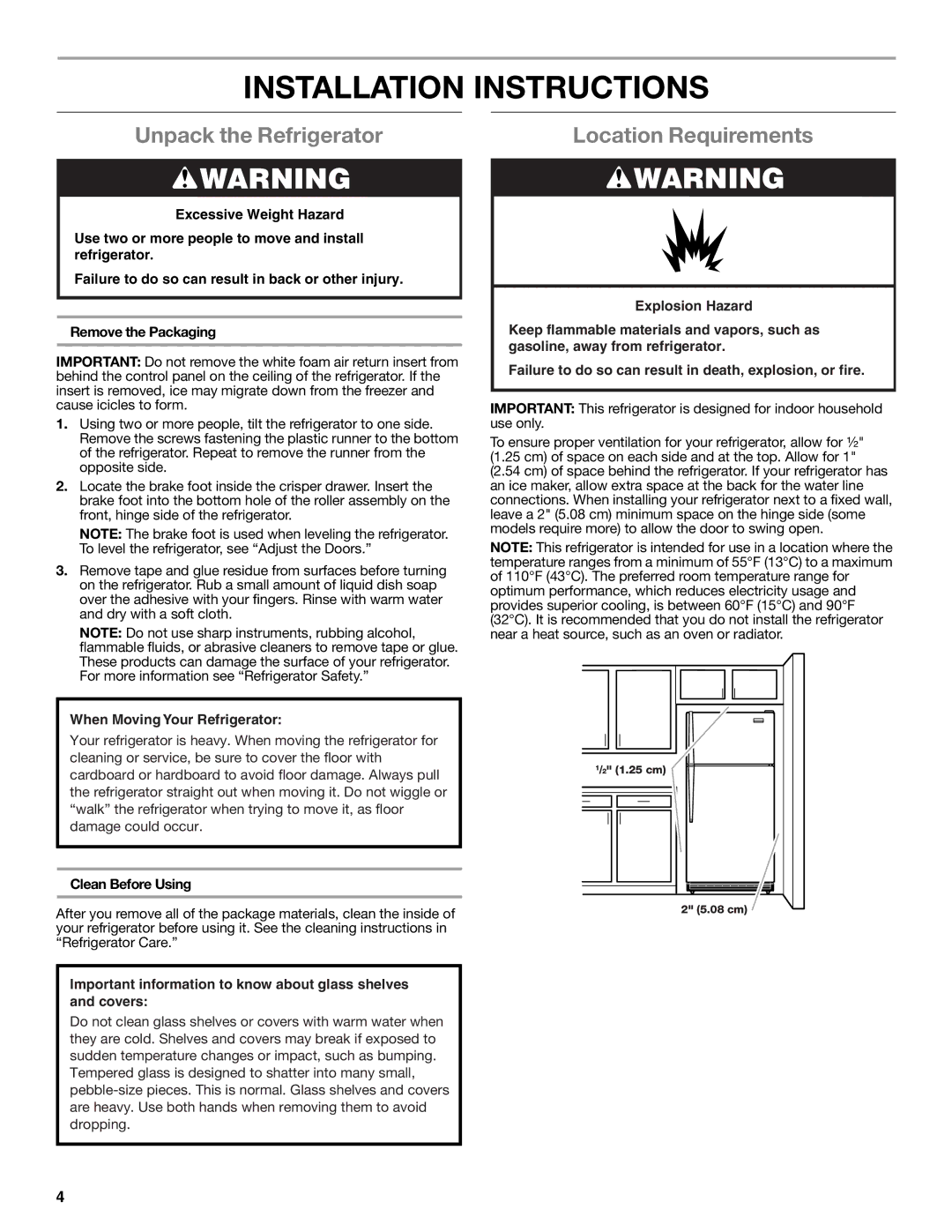 Whirlpool whirlpool manual Installation Instructions, Unpack the Refrigerator, Location Requirements, Clean Before Using 