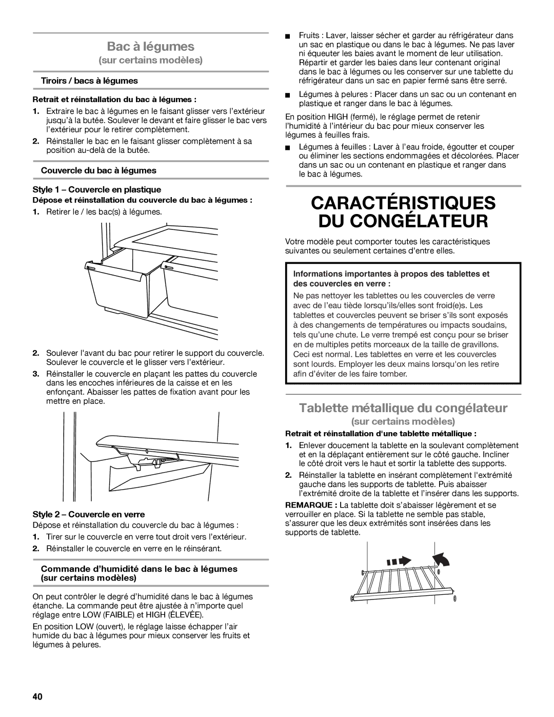 Whirlpool whirlpool manual Tablette métallique du congélateur, Style 2 Couvercle en verre 