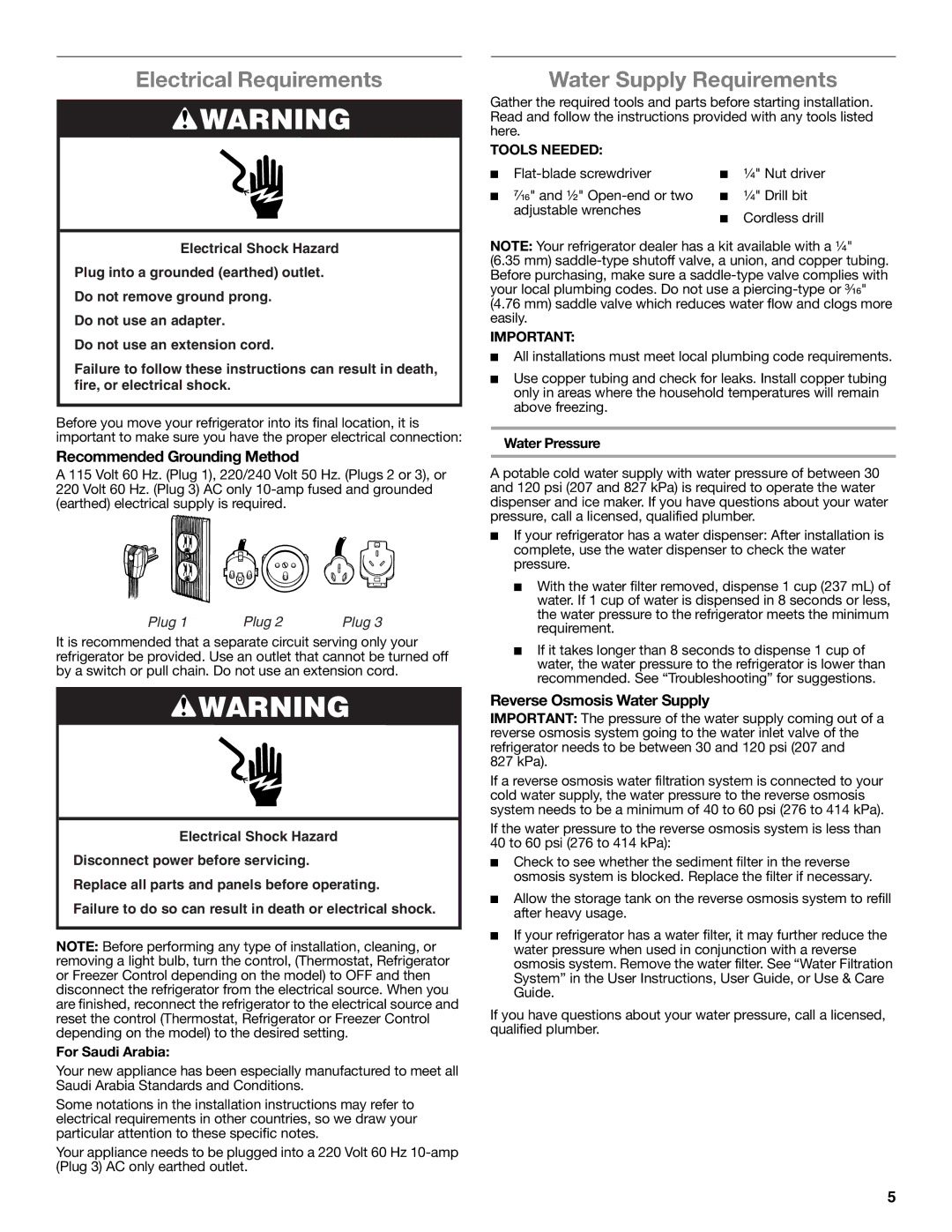 Whirlpool whirlpool manual Electrical Requirements, Water Supply Requirements, Recommended Grounding Method, Water Pressure 