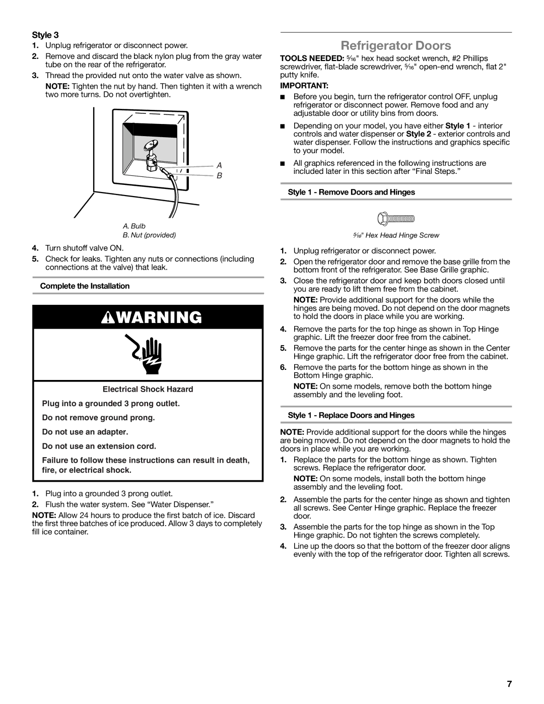 Whirlpool whirlpool manual Refrigerator Doors, Style 1 Remove Doors and Hinges, Style 1 Replace Doors and Hinges 