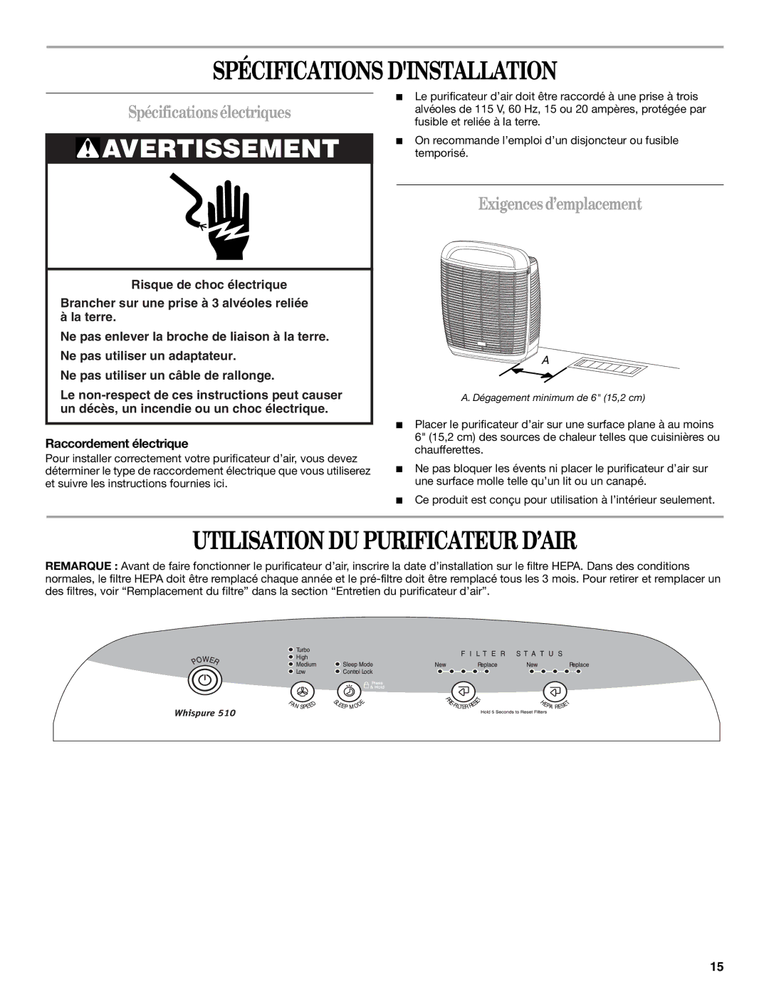 Whirlpool Whispure Air Purifier Spécifications Dinstallation, Utilisation DU Purificateur D’AIR, Spécificationsélectriques 