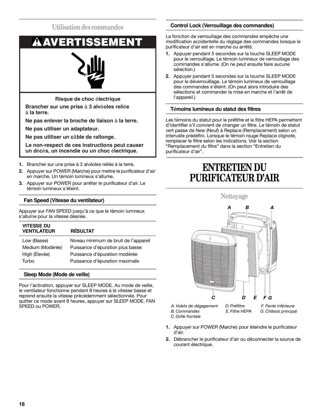 Whirlpool Whispure Air Purifier manual Entretien DU Purificateur D’AIR, Utilisationdes commandes, Nettoyage 