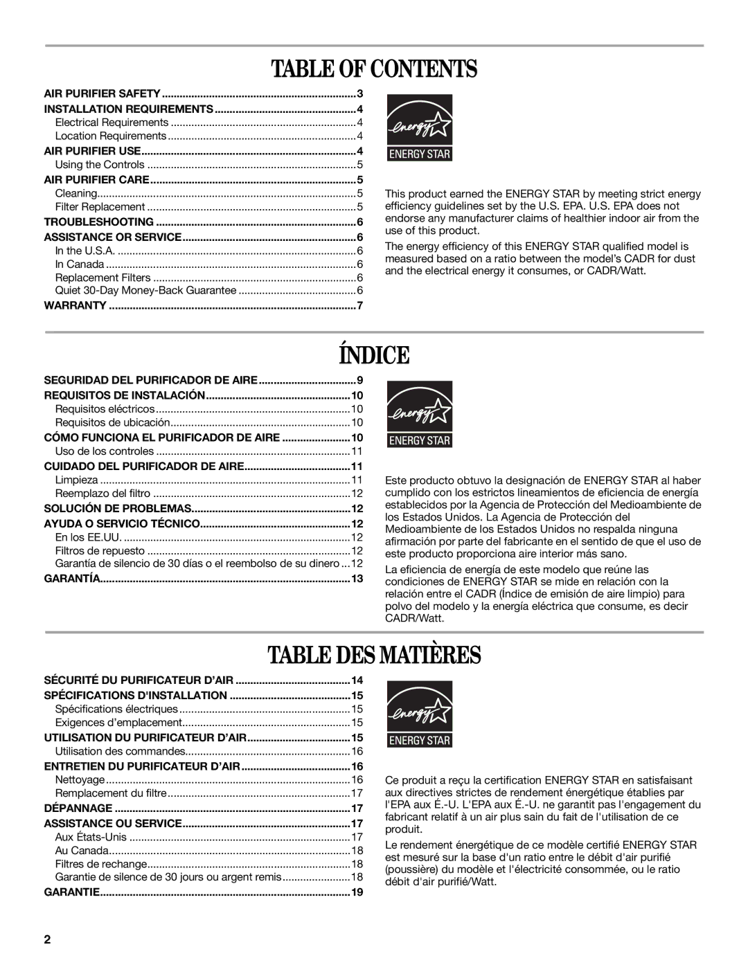 Whirlpool Whispure Air Purifier manual Table of Contents, Índice, Table DES Matières 