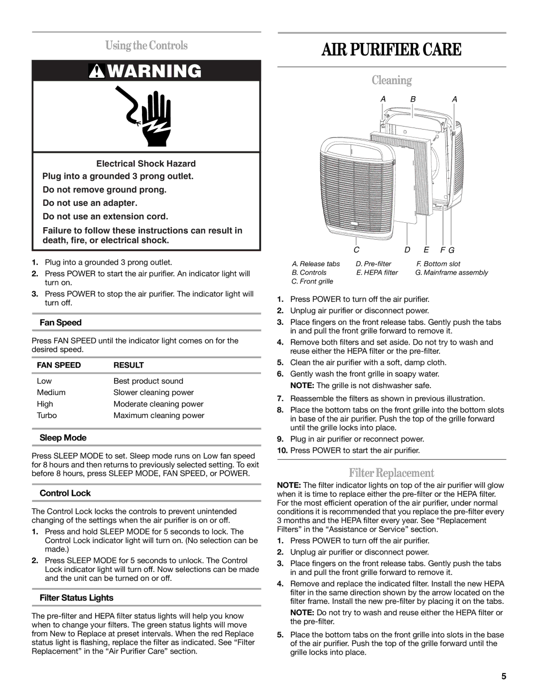 Whirlpool Whispure Air Purifier manual AIR Purifier Care, UsingtheControls, Cleaning, Filter Replacement 