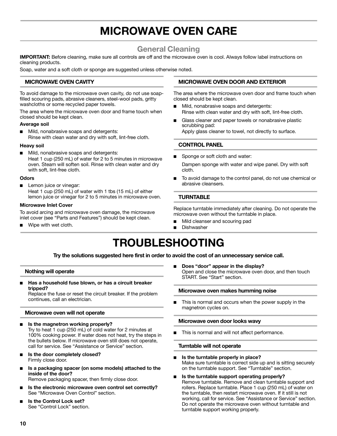 Whirlpool WMC10007 manual Microwave Oven Care, Troubleshooting, General Cleaning 