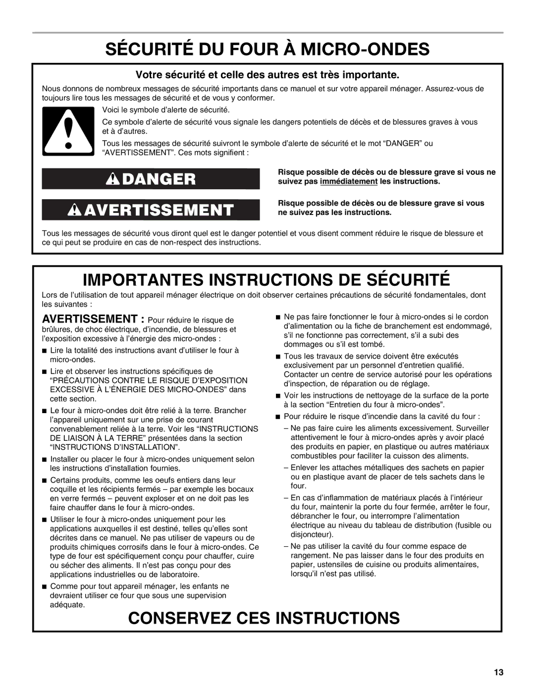 Whirlpool WMC10007 manual Sécurité DU Four À MICRO-ONDES, Importantes Instructions DE Sécurité, Conservez CES Instructions 